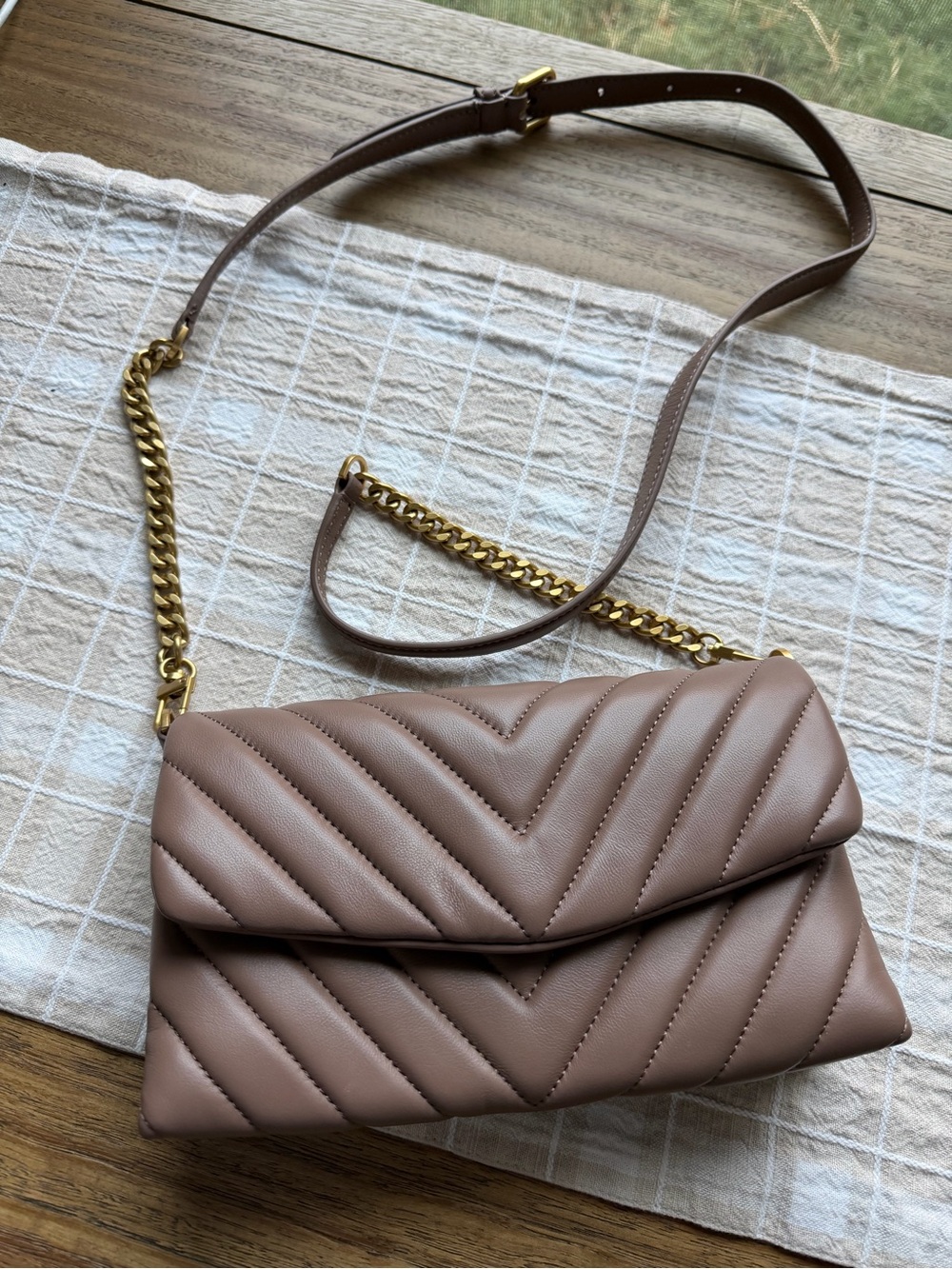 Quince Quilted Crossbody Bag in Taupe with Gold Chain